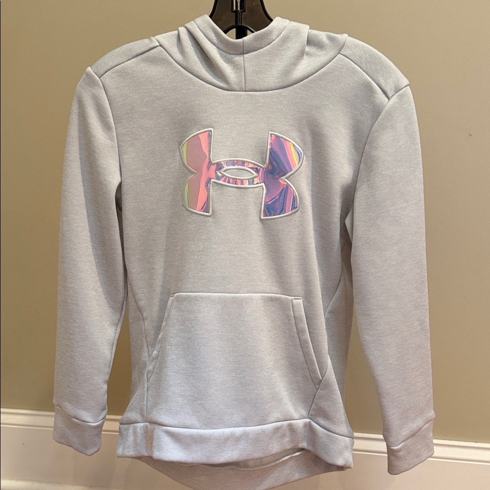 Youth Large Under Armour Light Gray Hoodie with Metallic Logo